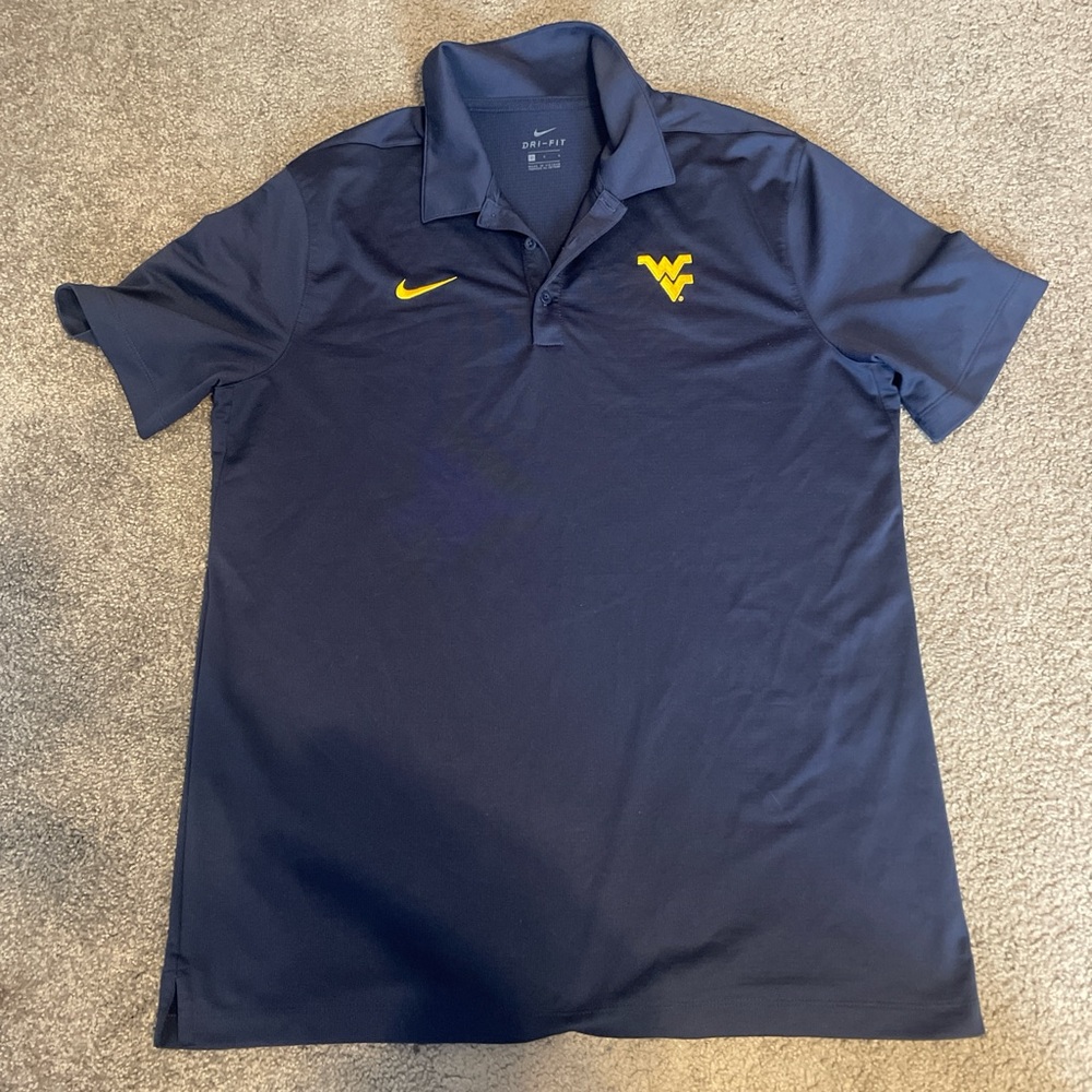 Nike Men's Dark Blue Polo with Yellow Logo